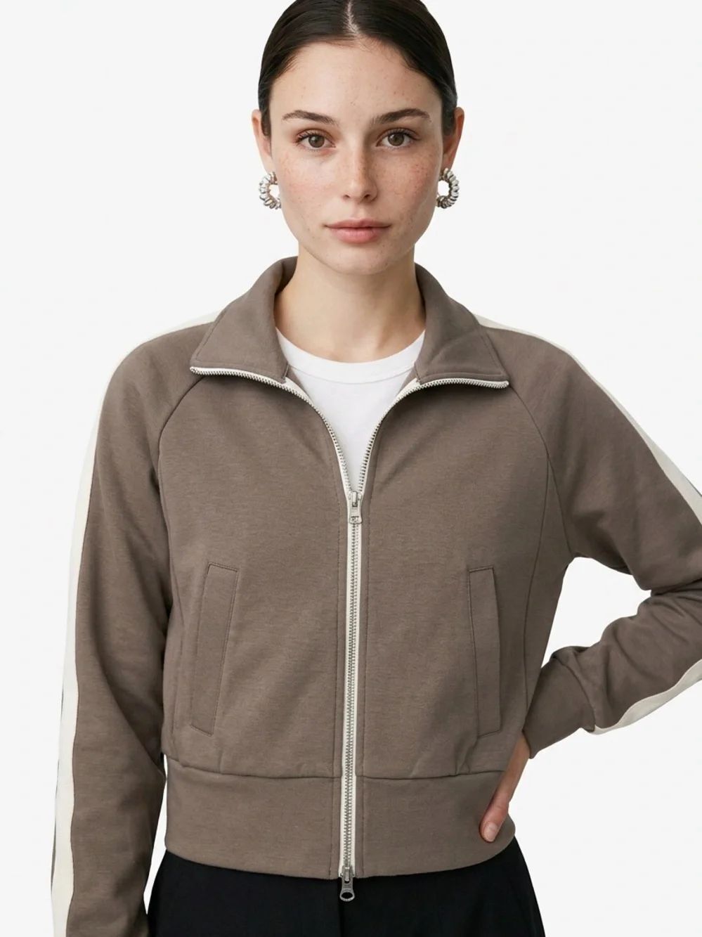 EVERLANE | Taupe Zip-Front Track Jacket Cream Stripe Women’s Size Small